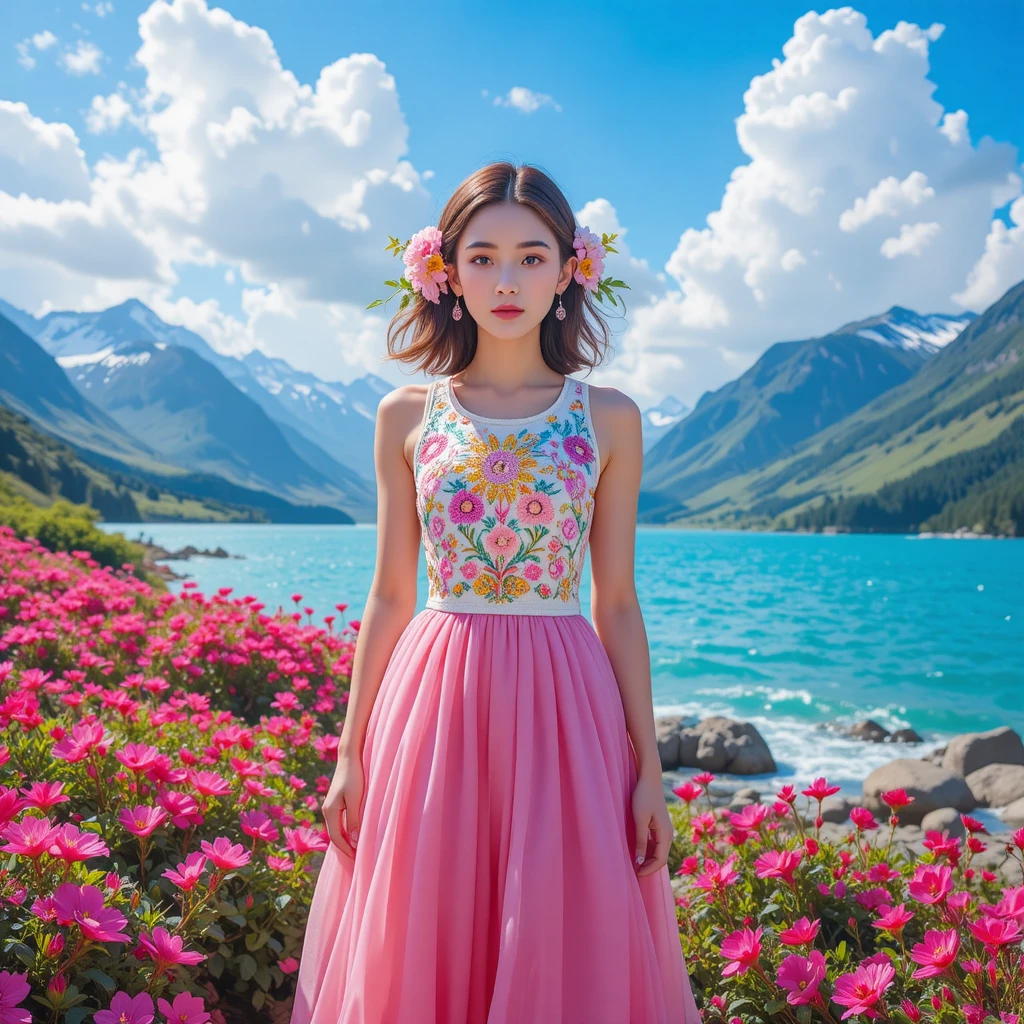 Young woman by turquoise lake with snowy mountains