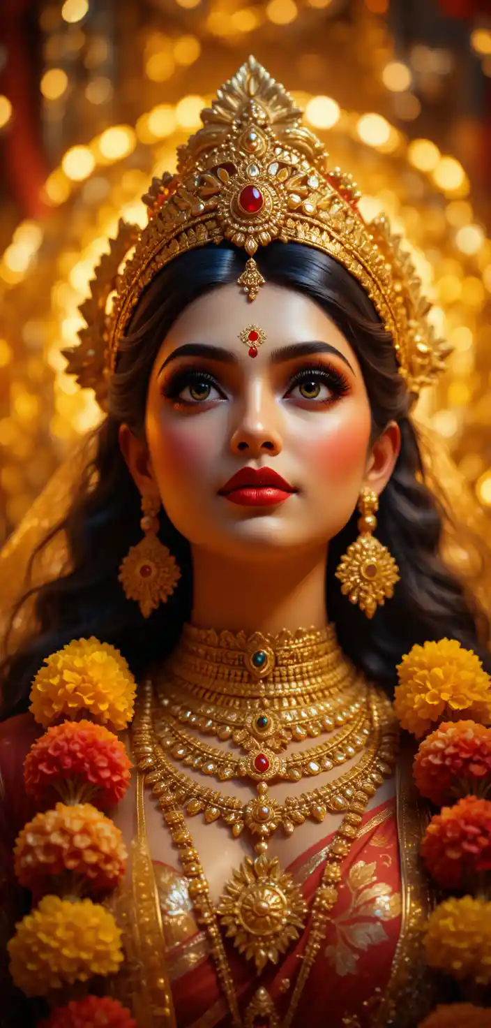 Close up of adorned Hindu goddess idol in golden light