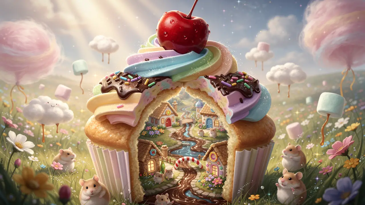 Giant Rainbow Cupcake In A Whimsical Candy Fantasy Meadow