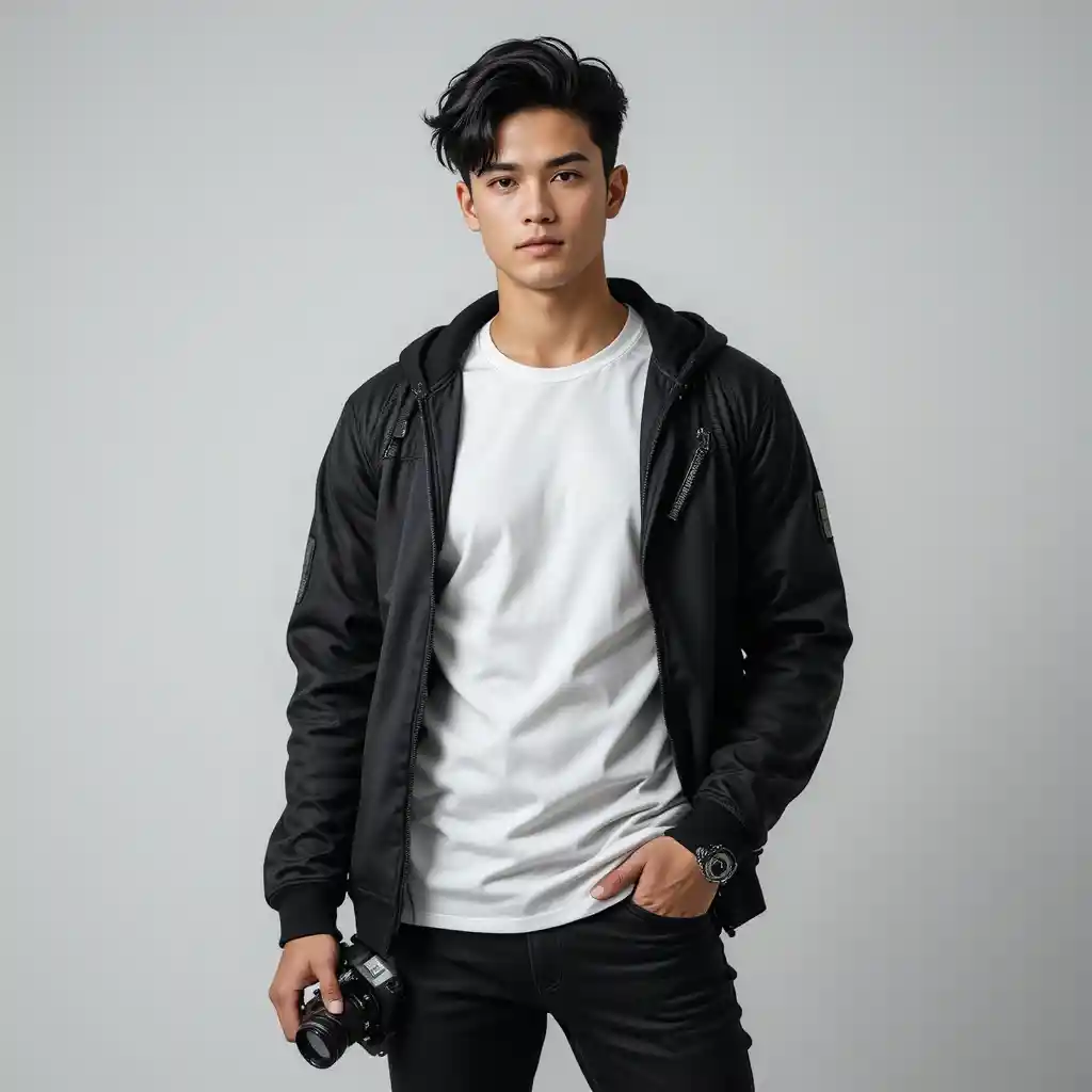 Jeune homme stylé tenant un appareil photo en tenue noir et blanc