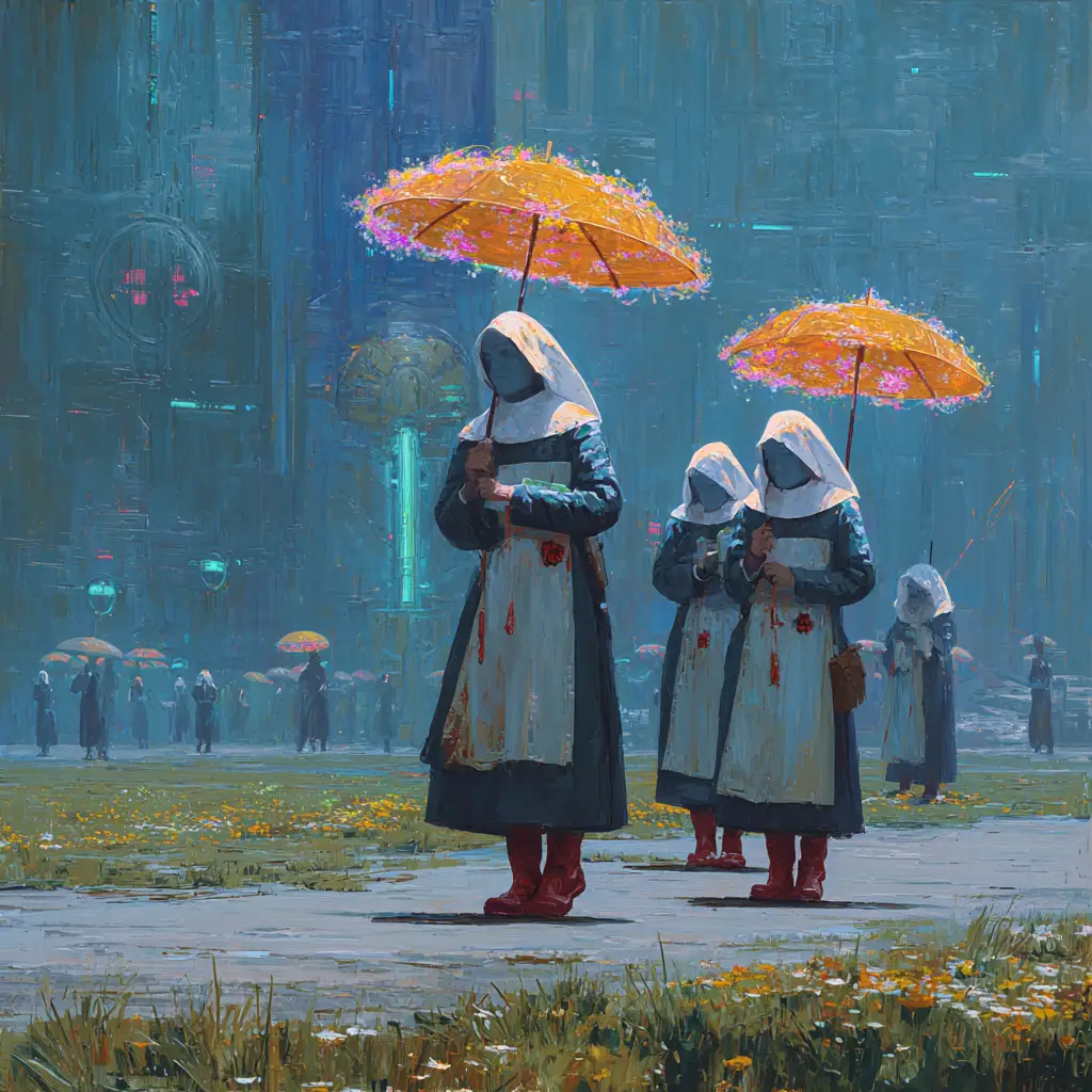 Nuns In Red Rain Boots Walking Under Glowing Floral Umbrellas