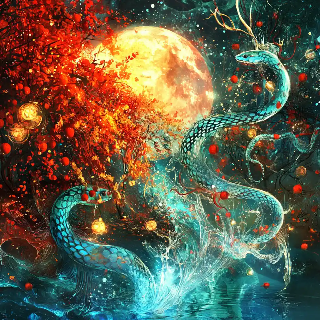 Surreal blue serpent among glowing plants underwater