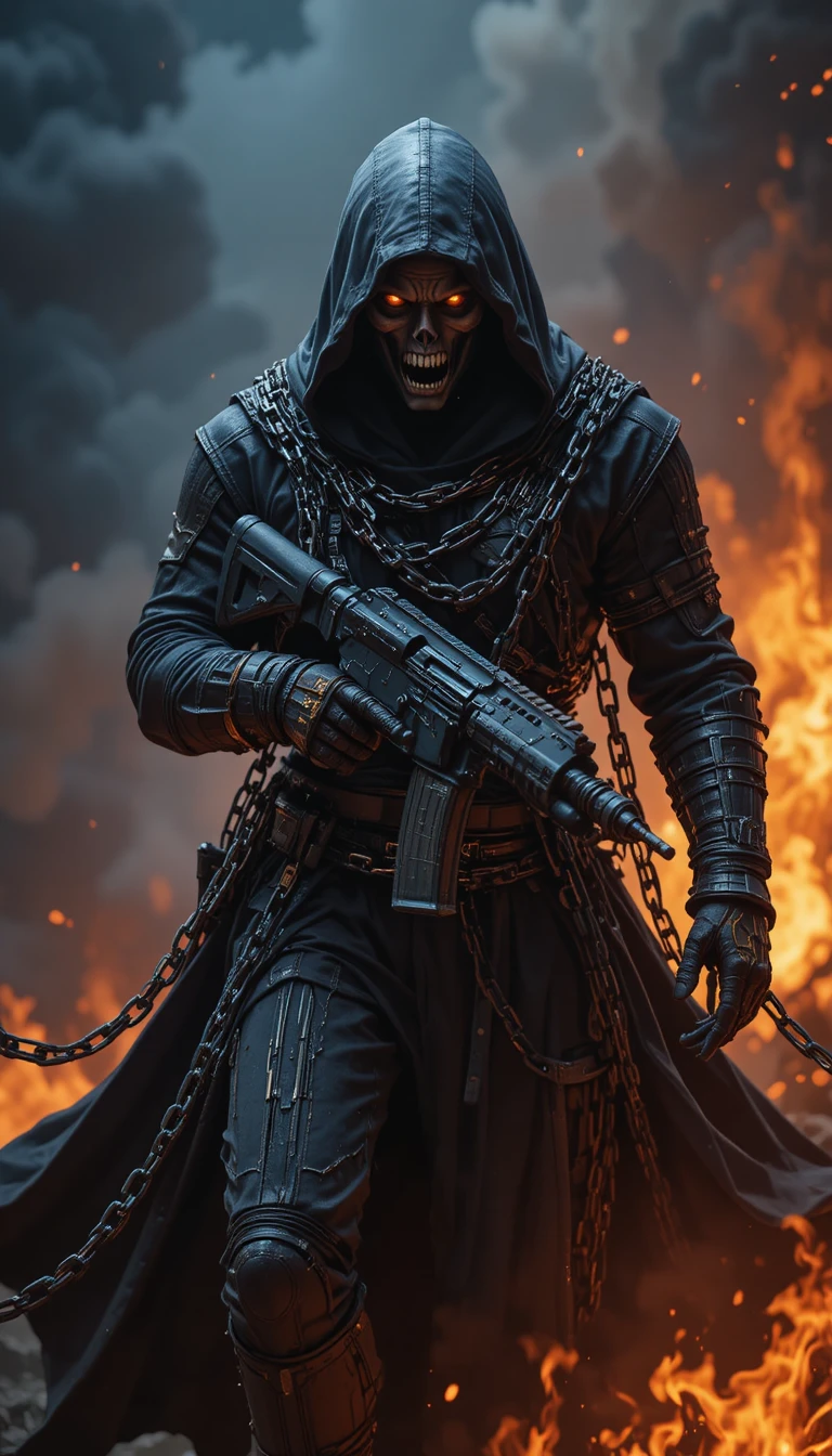 Hooded skull warrior charging through chains and fire
