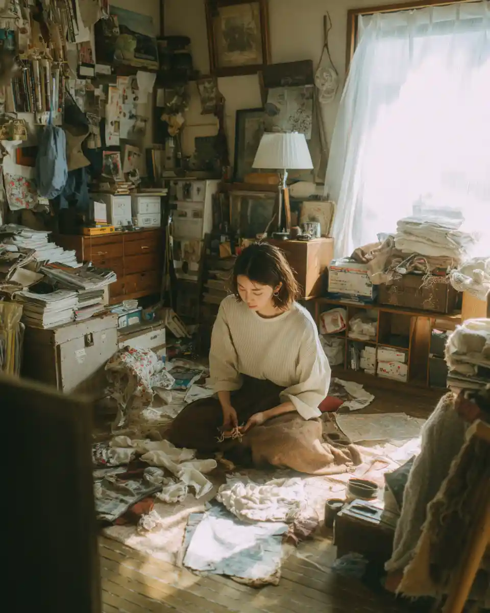 Person mending clothes on floor in retro Japanese living room