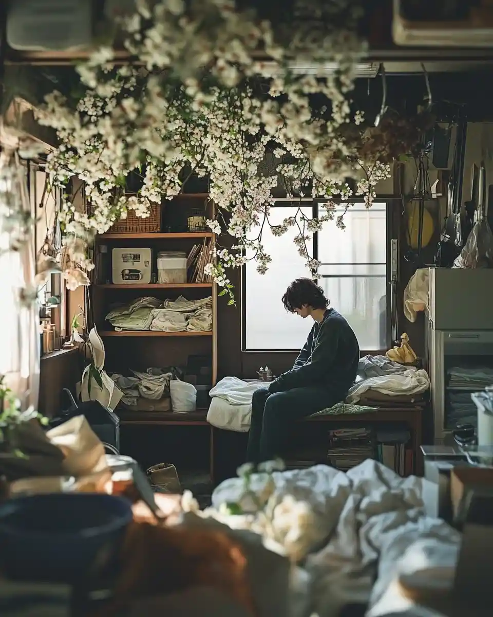 Person Among Everyday Objects And Blossoms In Natural Light