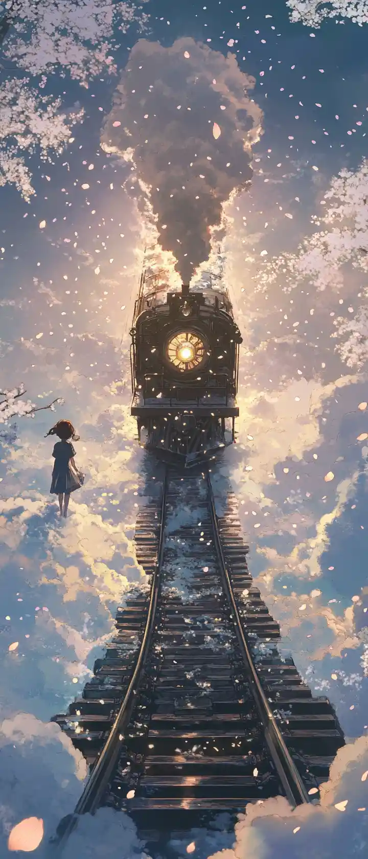 Crystal ghost train gliding over frozen cherry blossom tracks