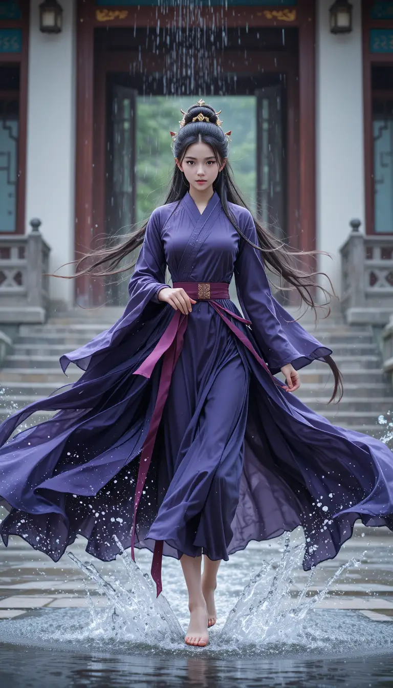 Barefoot girl with sword in purple hanfu by the water