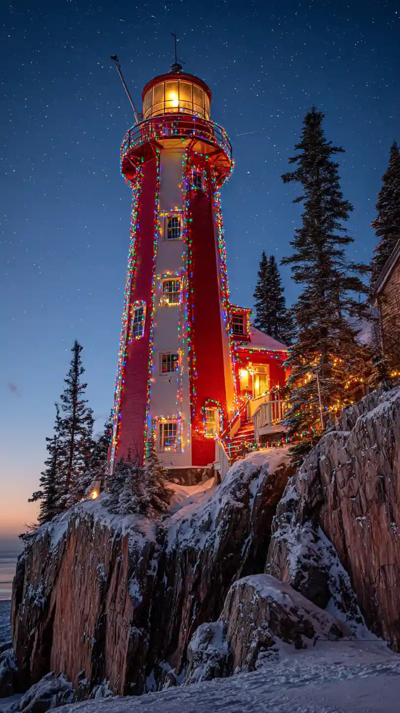 Snowy lighthouse decorated with festive Christmas lights at dusk