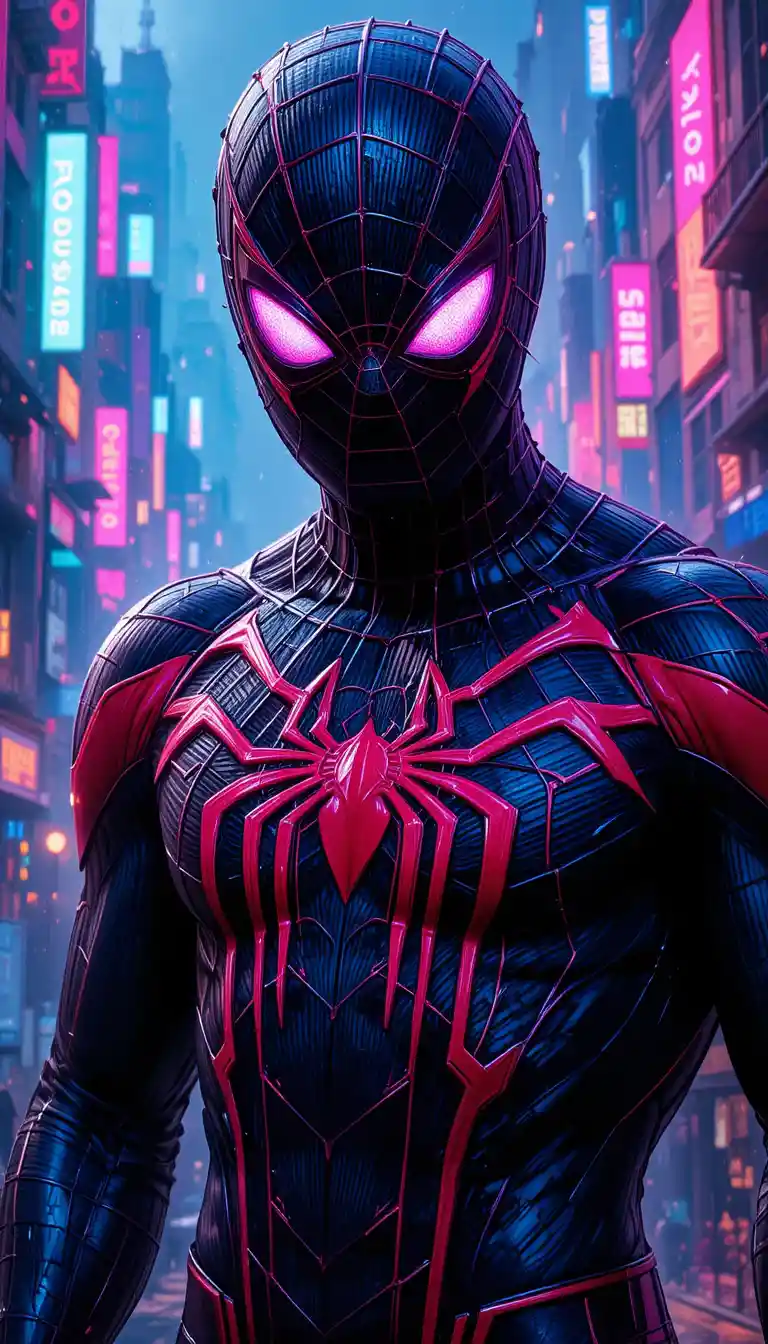 Superhero in black suit with neon city backdrop