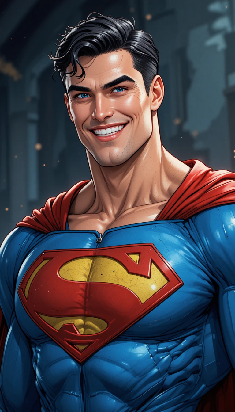 Smiling blue suited superhero with red cape on dark background