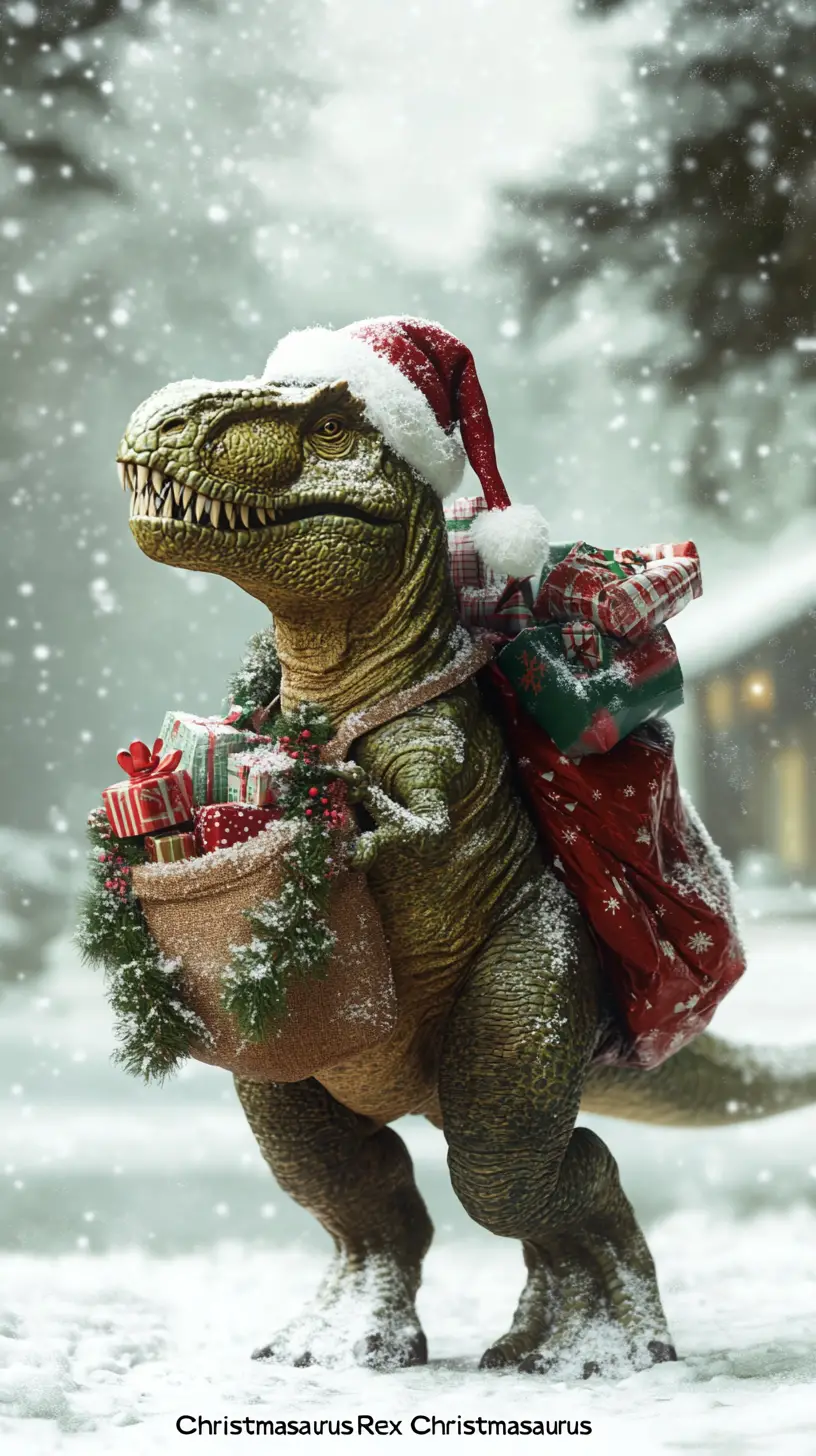 Festive dinosaur carrying gifts in snowy winter forest