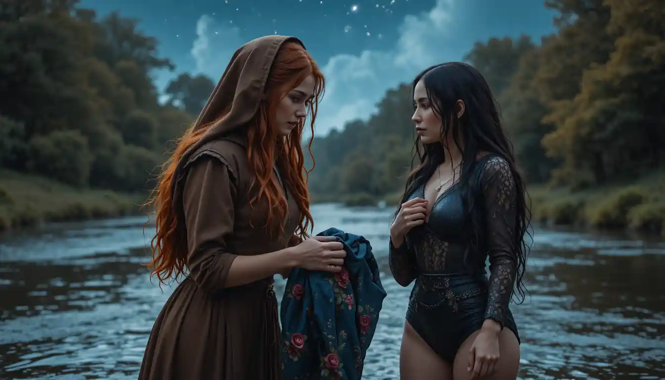 Close up of two Irish women under a starry night sky