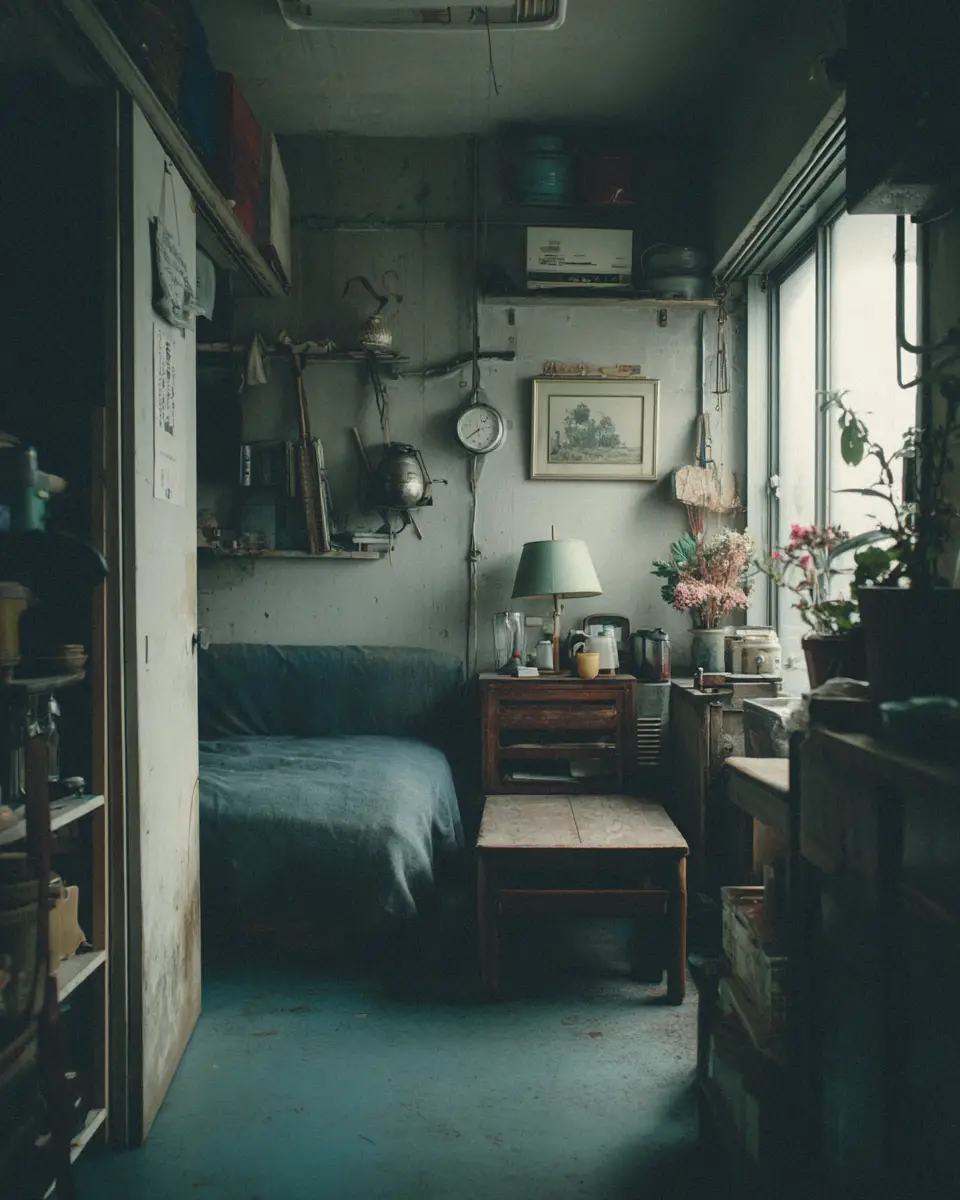 Man in small tokyo apartment with surreal drifting dust