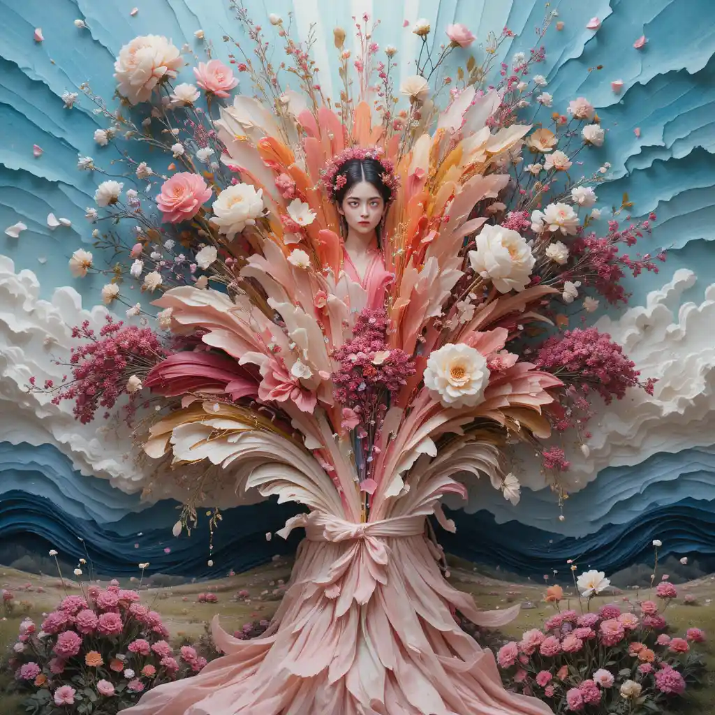Textile collage sculpture built from silk cotton and petals