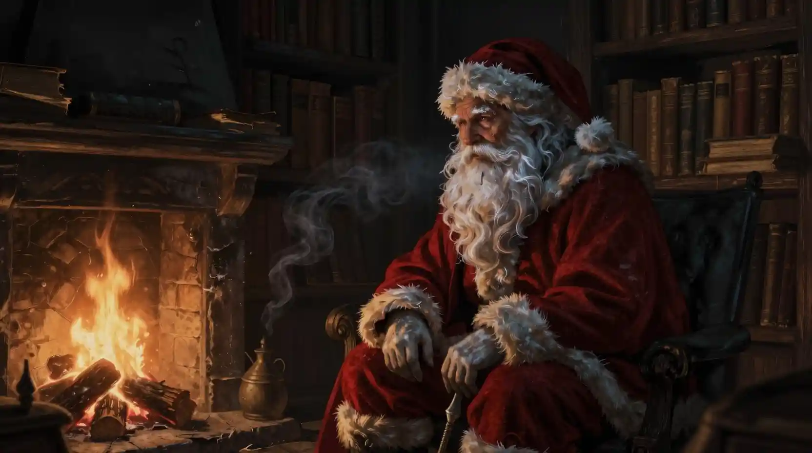 Einsamer Weihnachtsmann am Kamin in einer alten Bibliothek