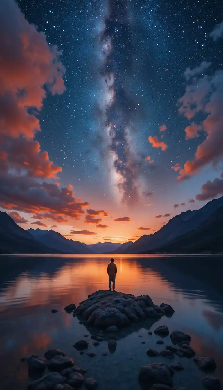 Figura solitaria en un lago de montaña estrellado al atardecer