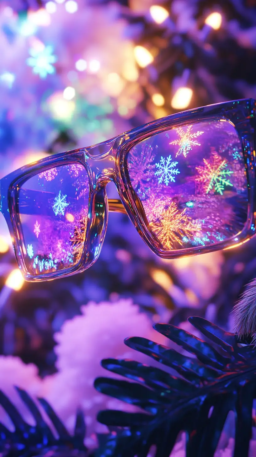 Transparent christmas sunglasses refracting light in neon glow