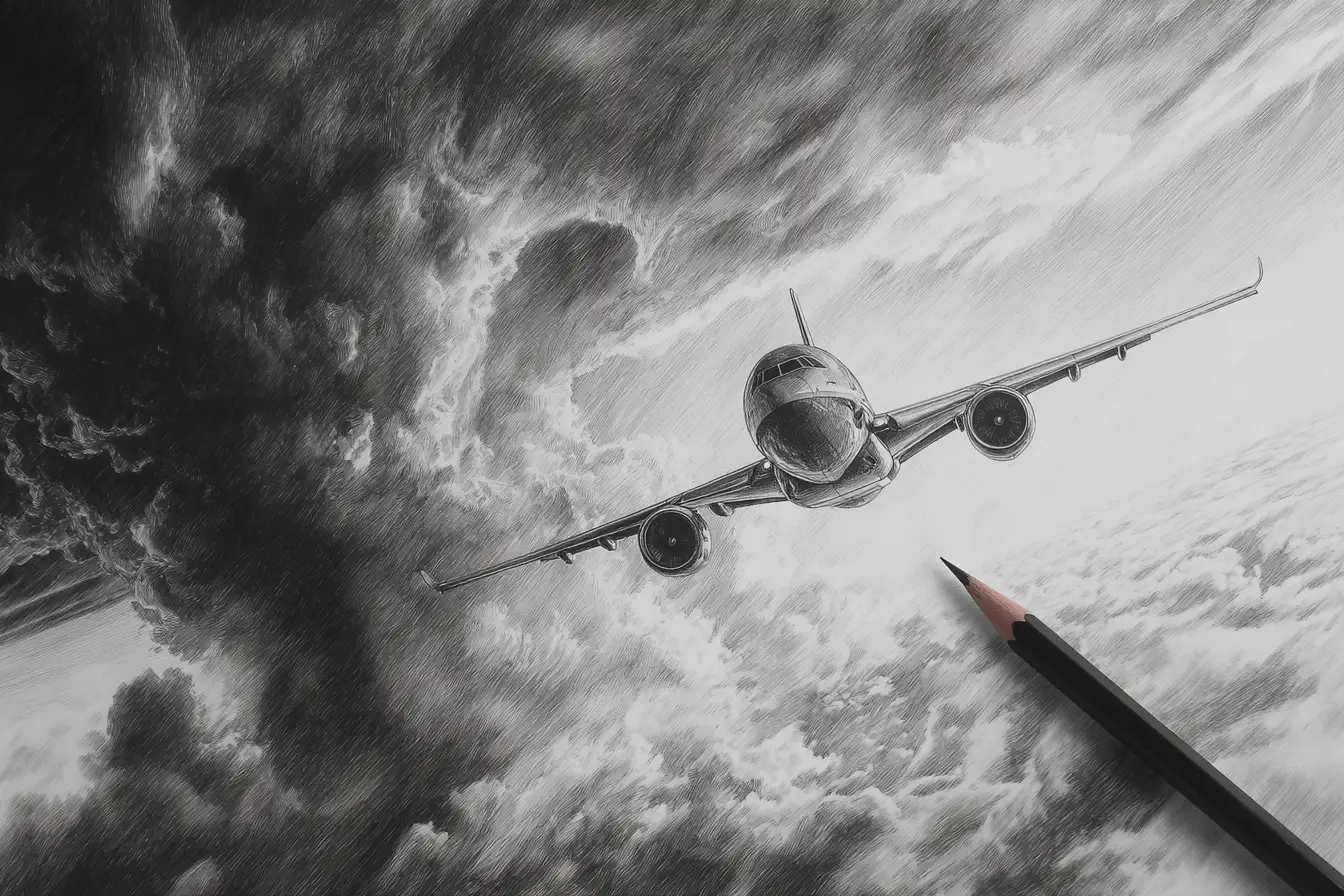 Pencil sketch airplane flying through a dramatic thunderstorm