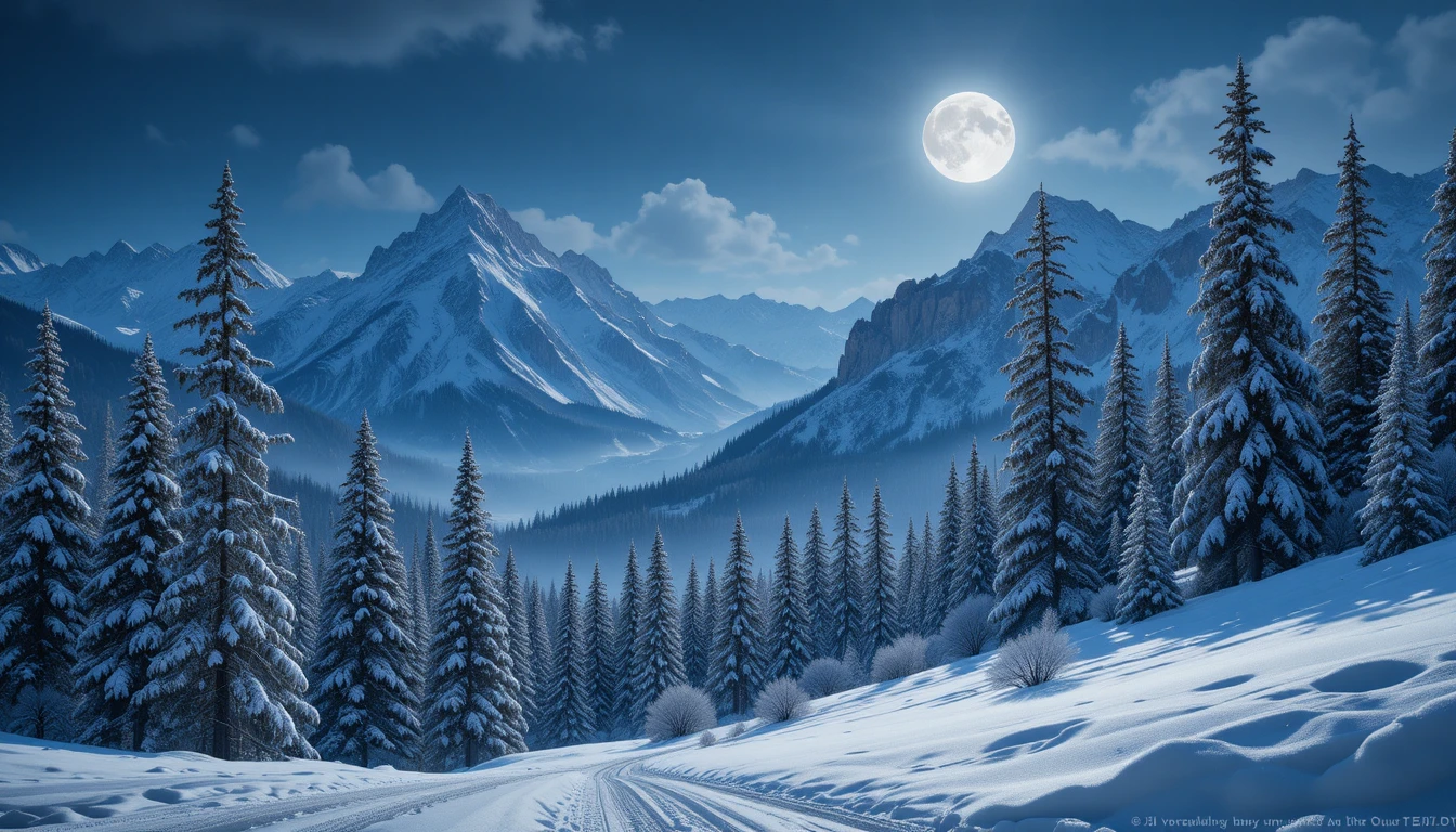 Montagne invernali al chiaro di luna con neve e pini brinati