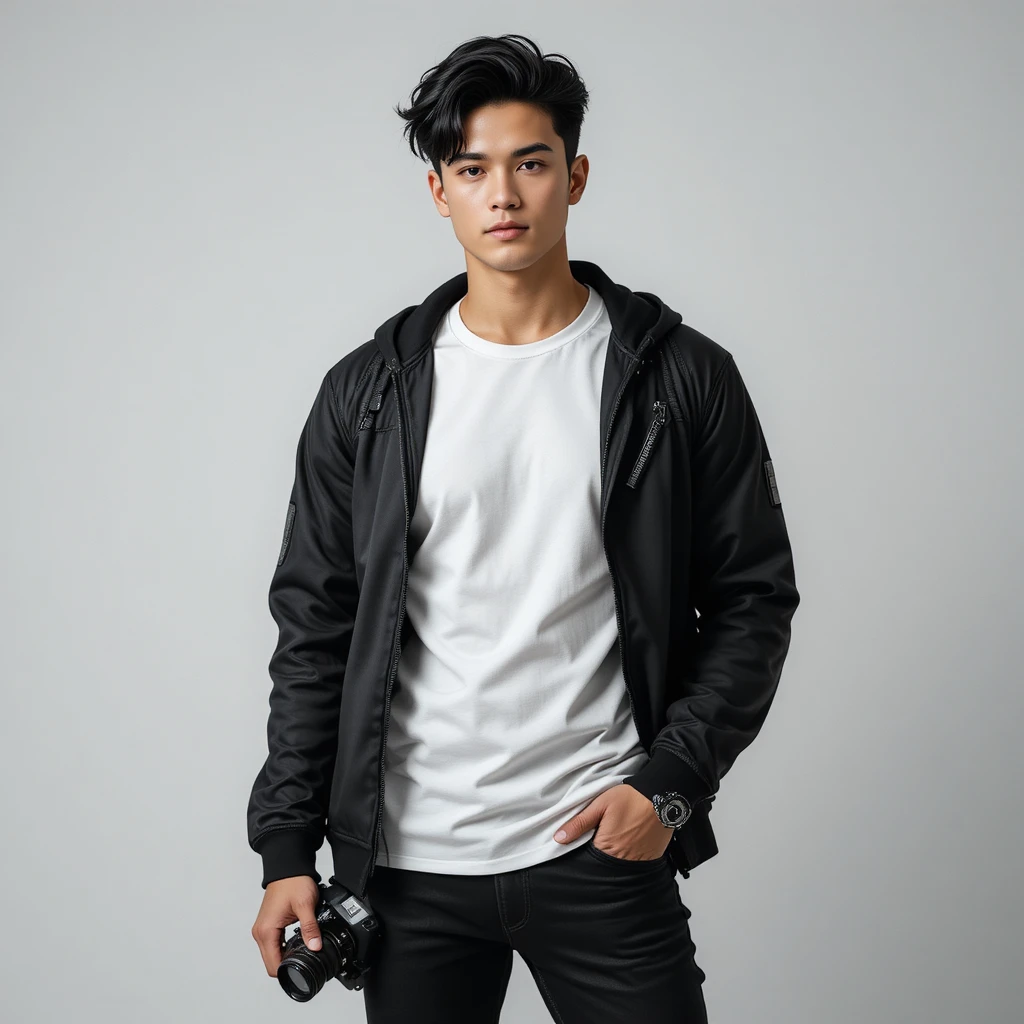 Jeune homme stylé tenant un appareil photo en tenue noir et blanc
