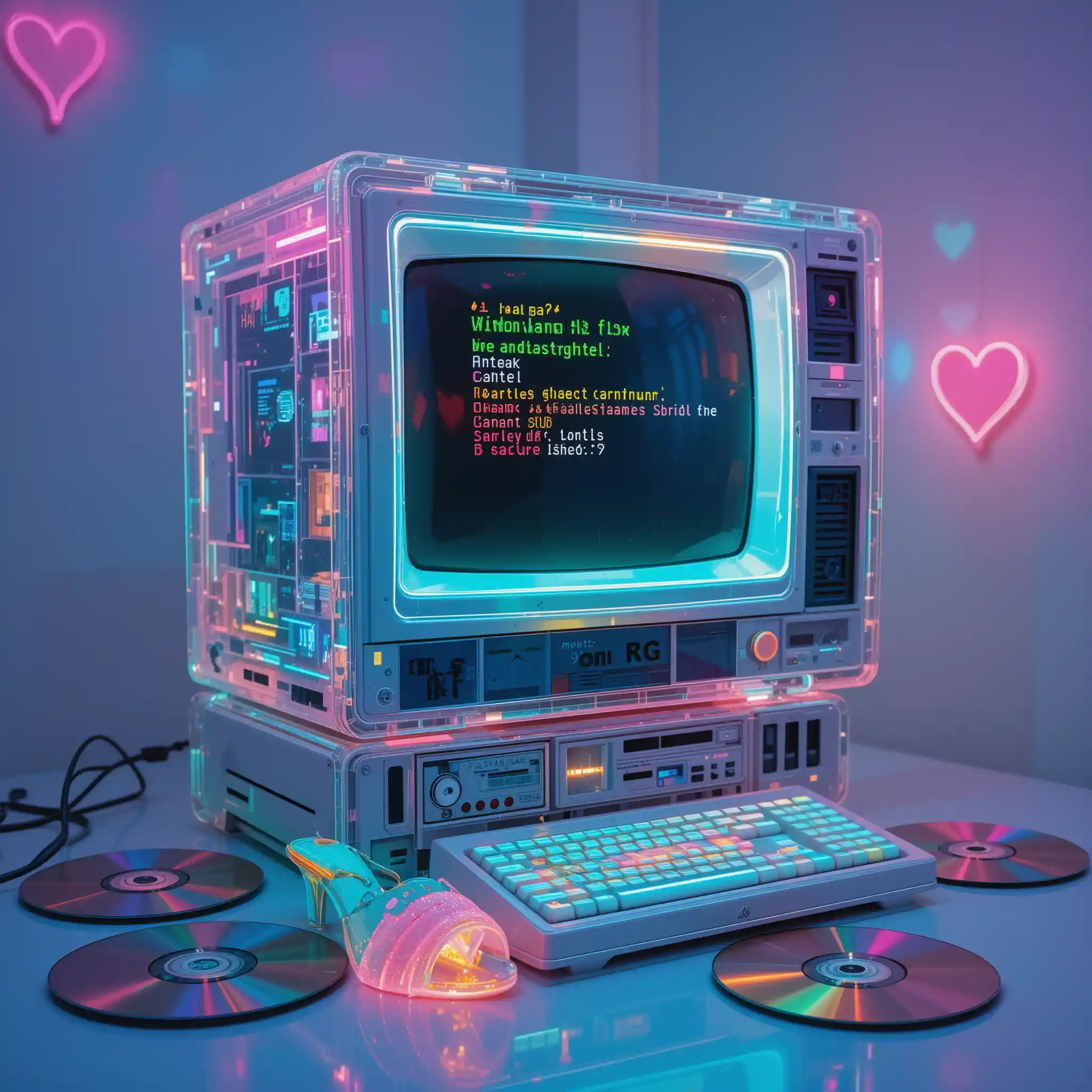 Computer olografico glitch con dettagli cyber retrò al neon