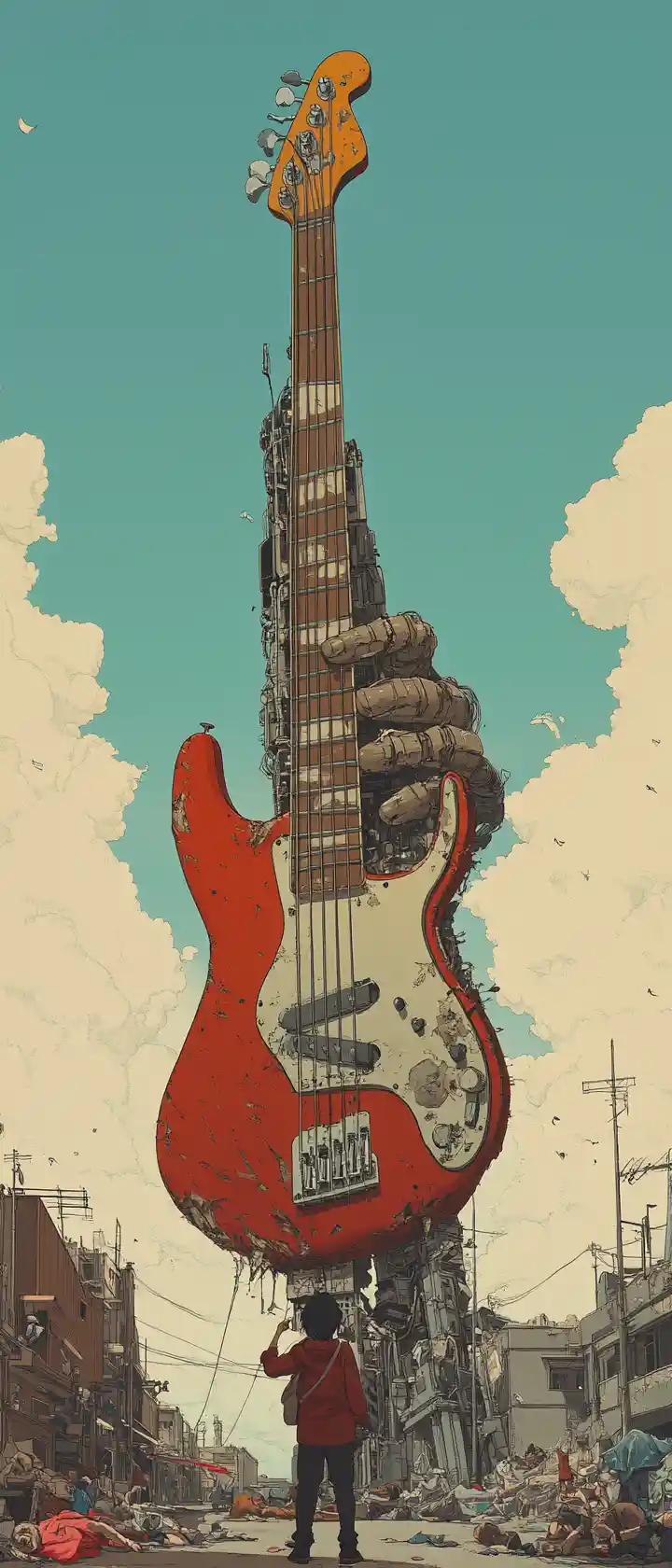 Giant robotic hand builds bass guitar in ruined city