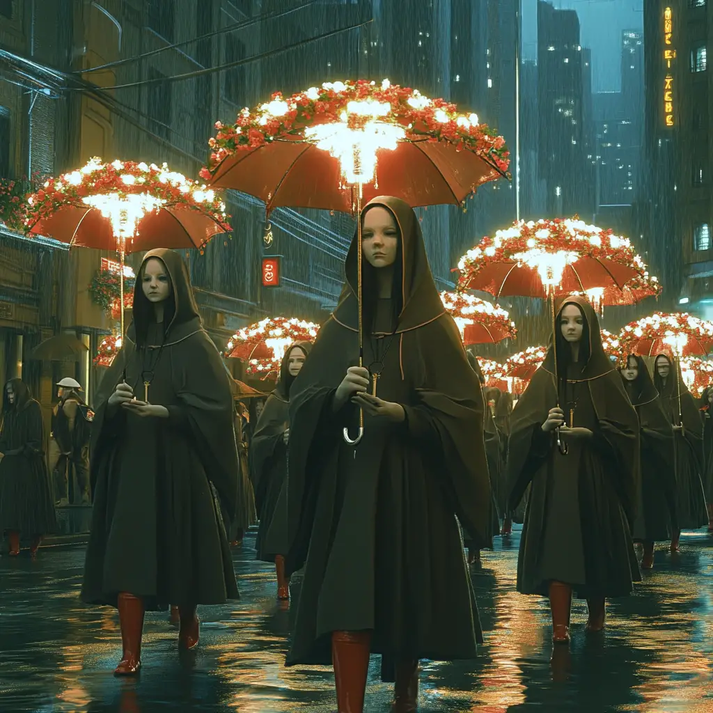 Whimsical nuns with floral umbrellas walking in the rain