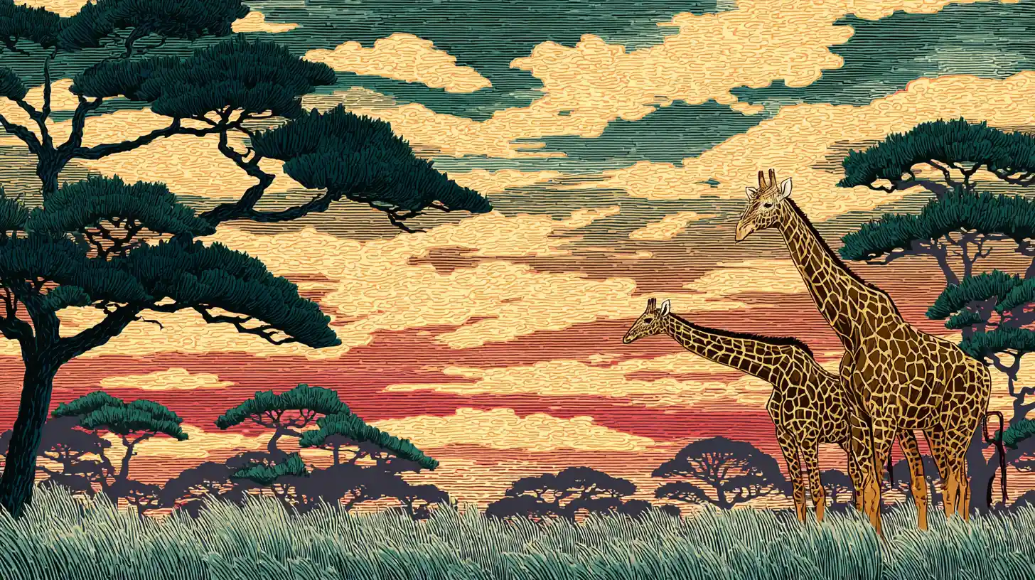 Girafes style ukiyo-e dans une savane africaine au coucher du soleil
