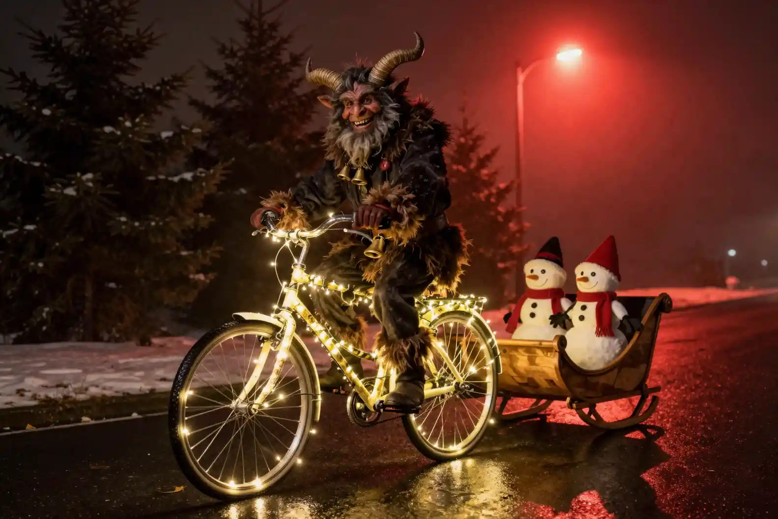 Krampus sorridente in bicicletta illuminata da luci fatate di notte