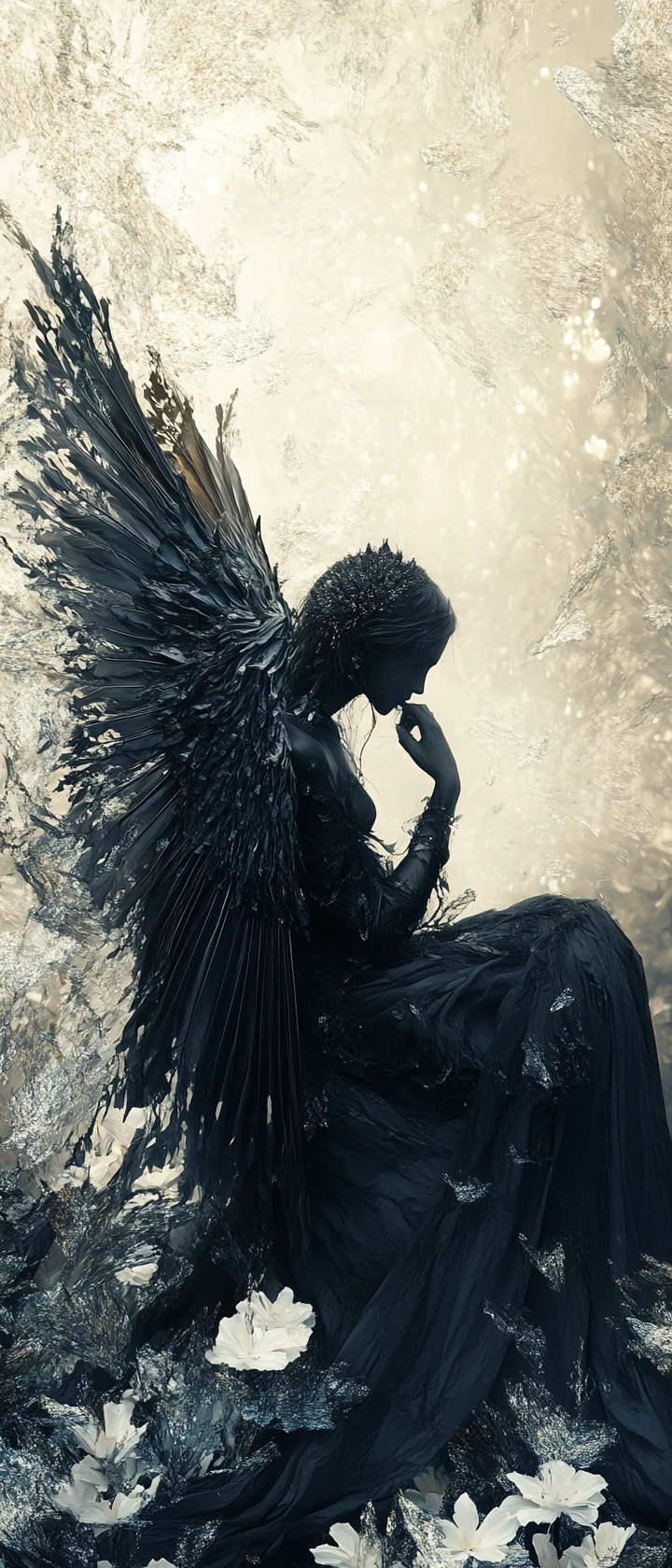 Sorrowful fallen angel resting in a luminous victorian garden