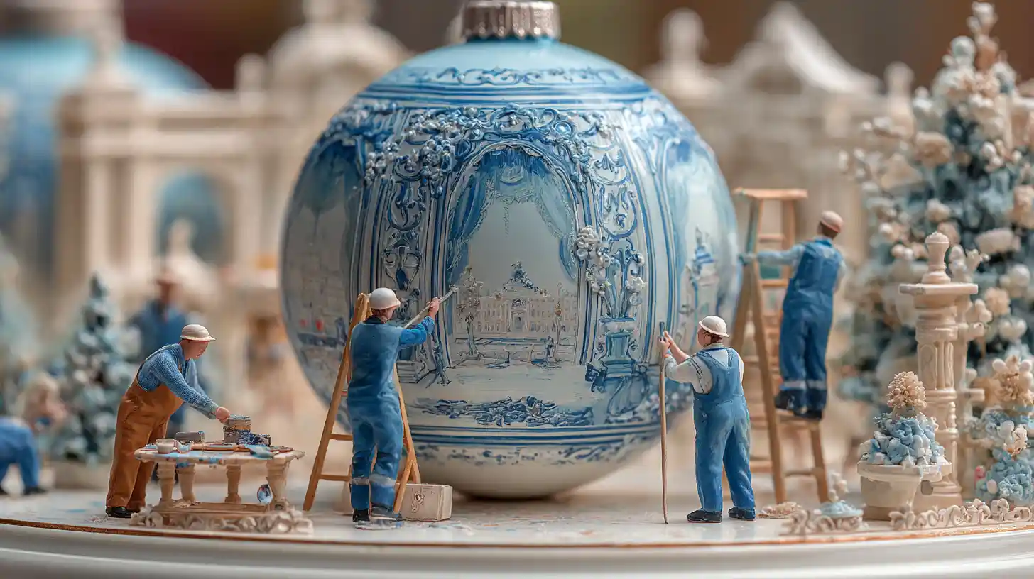 Miniature workers painting a blue Christmas ornament