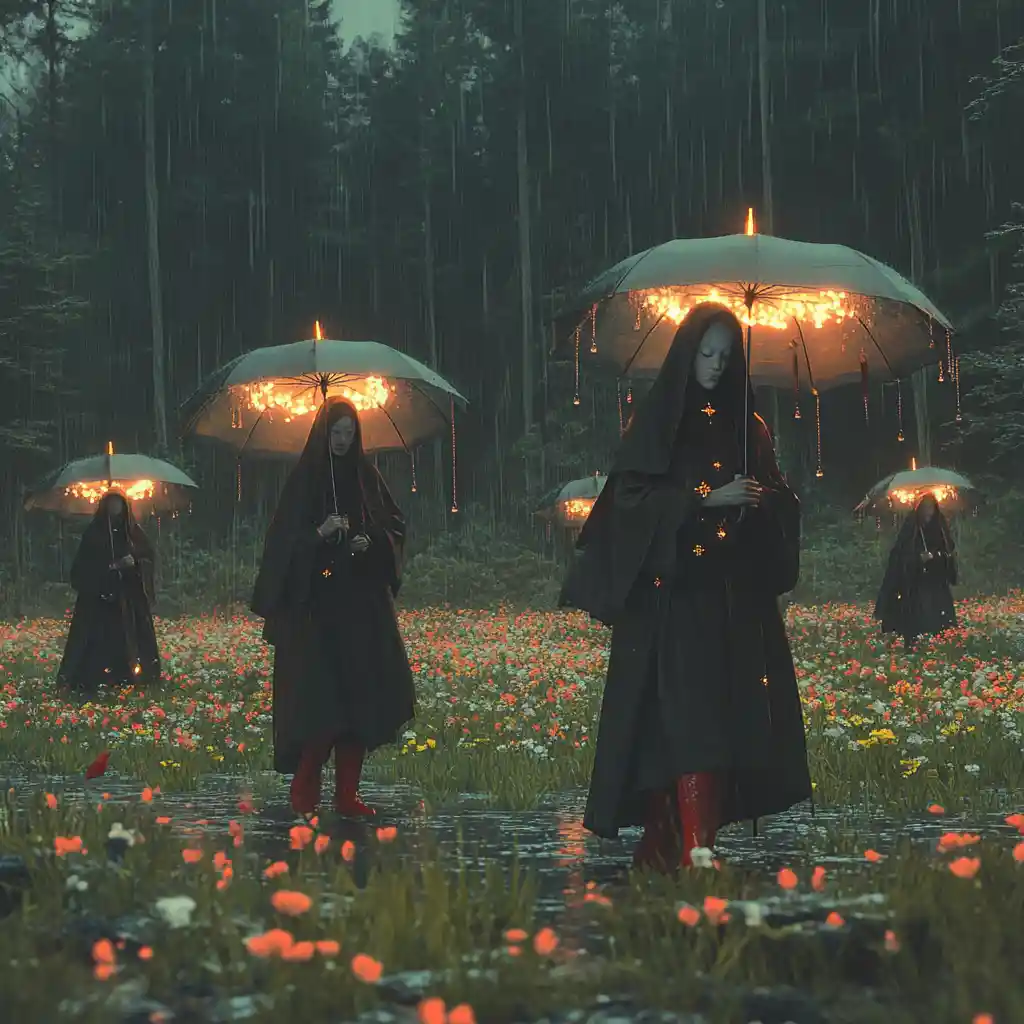 Whimsical nuns in red rainboots under floral umbrellas