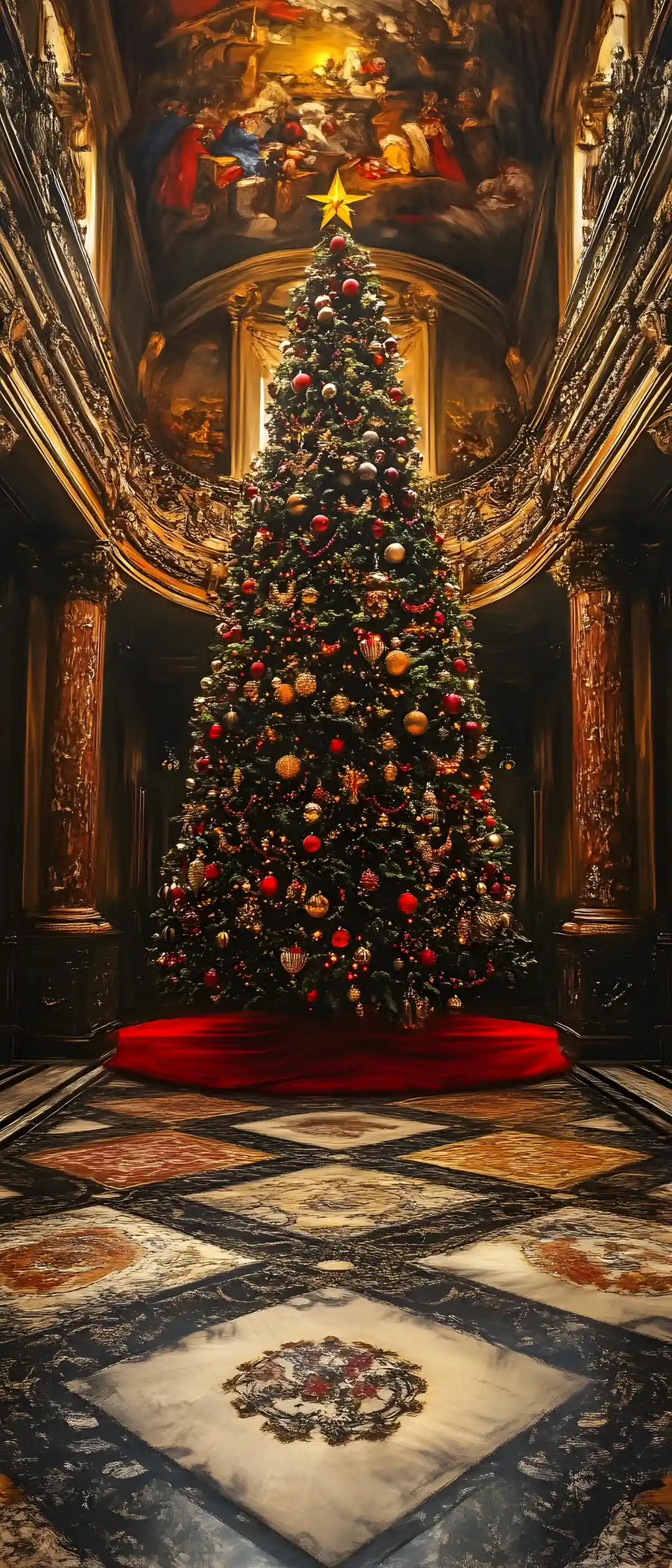 Giant Christmas tree in a grand decorated hallway interior
