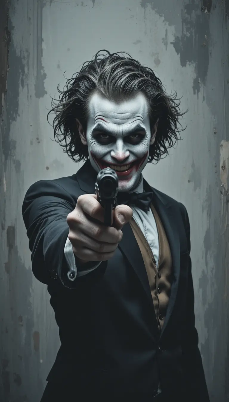 Man in dark suit aiming pistol with joker grin makeup