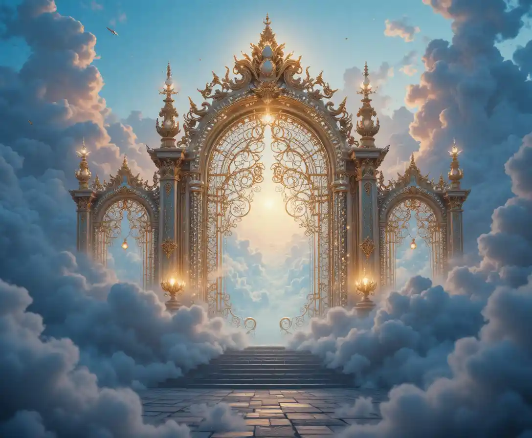 Radiant pearl and gold gates in dreamy twilight clouds