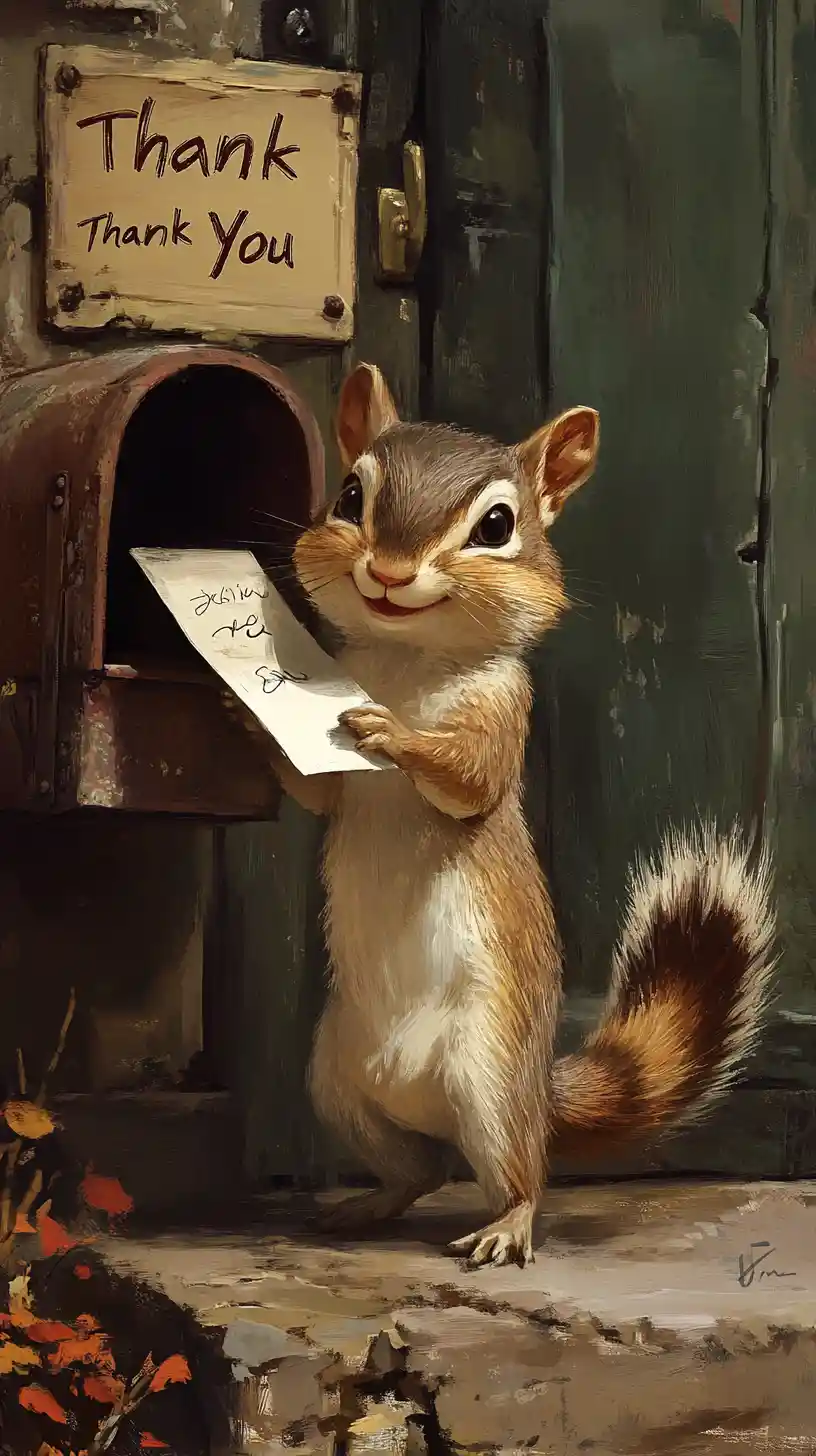 Happy chipmunk mailing a thank you letter at rustic post office