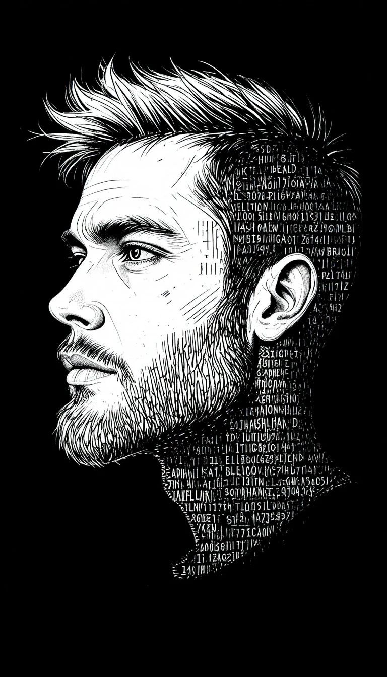 High contrast profile of a man with binary code face