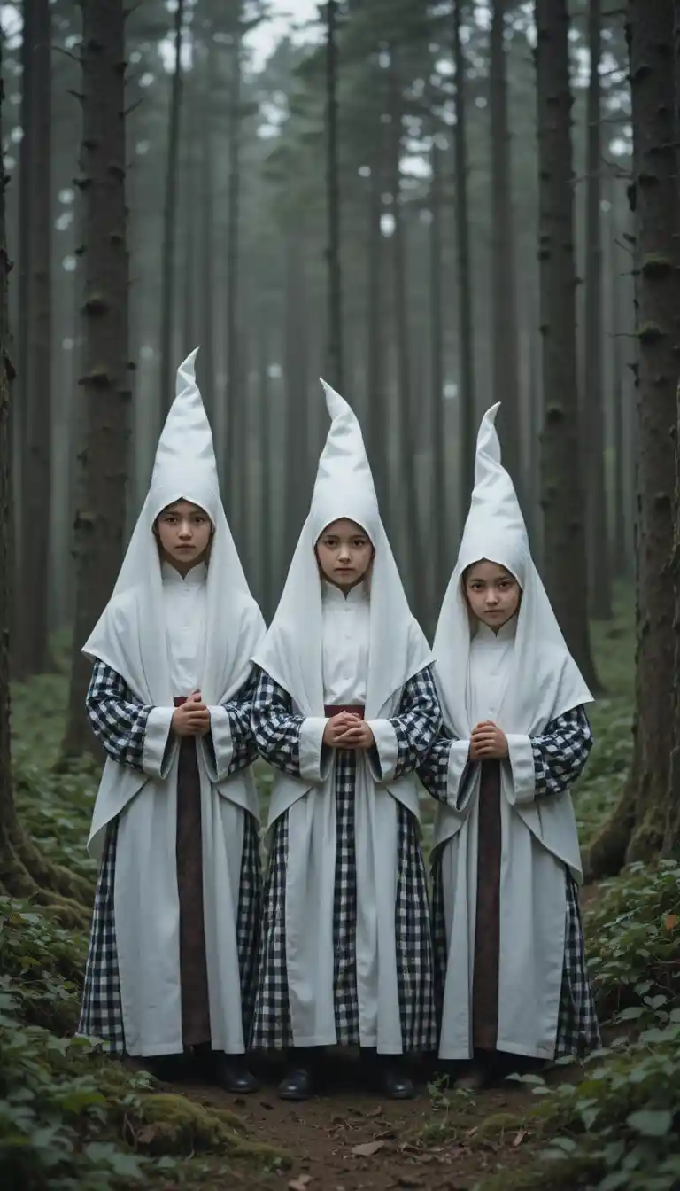 Children in pointed white hoods standing together in a forest