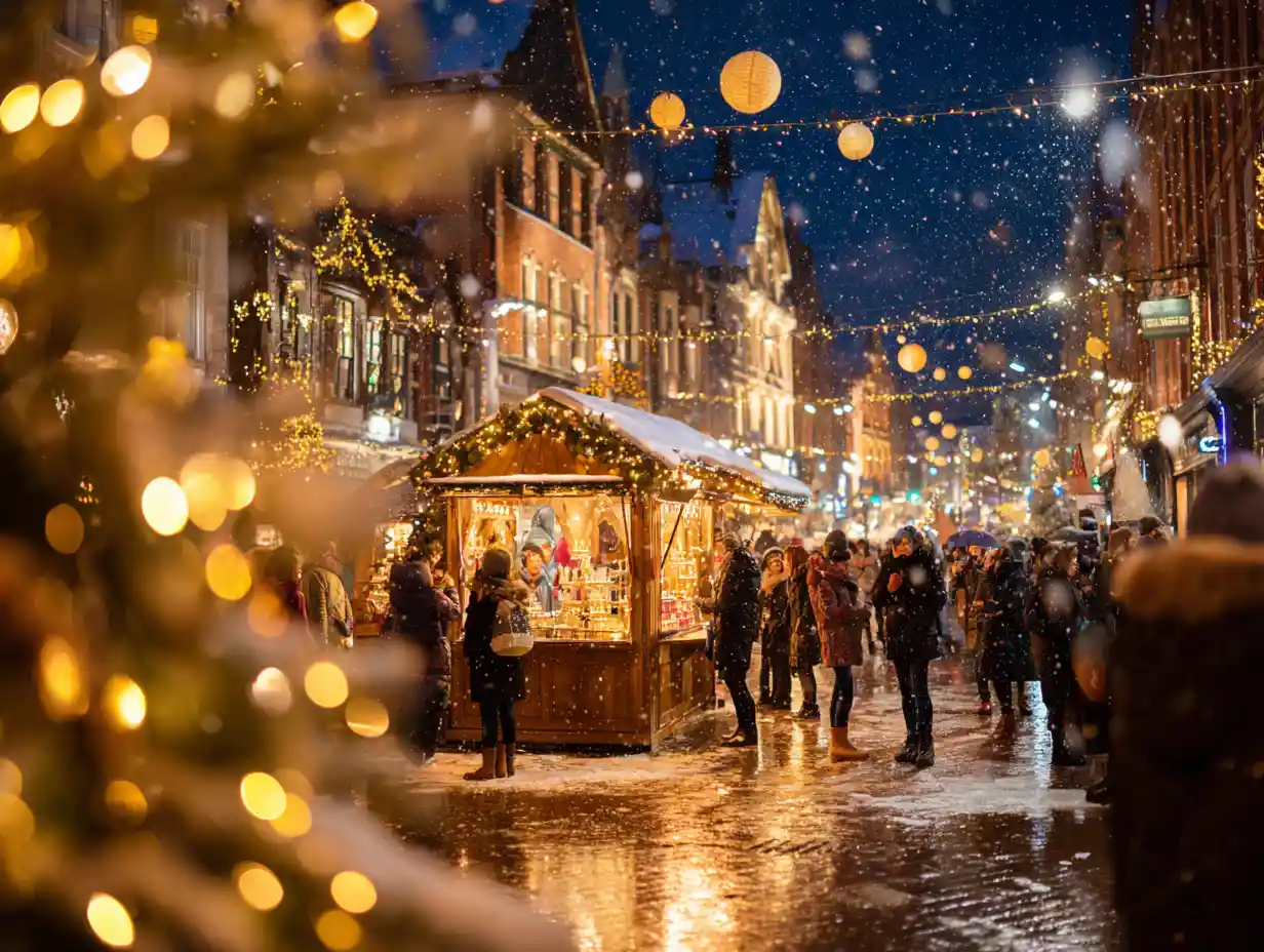 Folla festosa notturna in una luminosa piazza cittadina