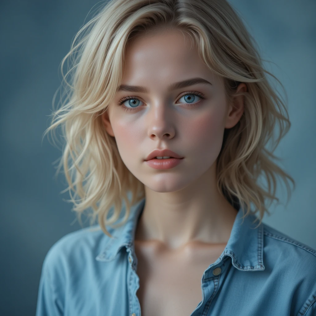 Young blonde woman portrait in cool cinematic lighting