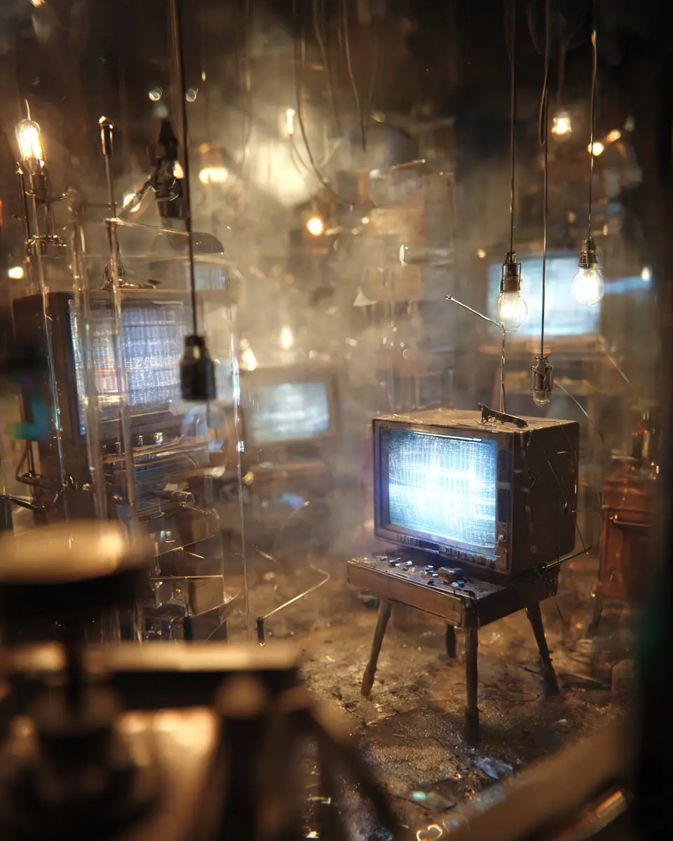 Surreal Showa era control room with collapsing machinery