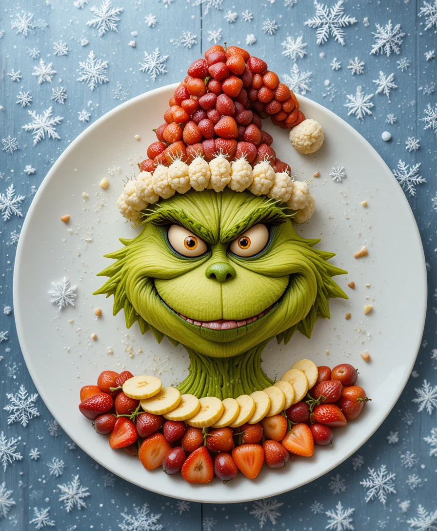 Ritratto di volto del Grinch con frutta su piatto bianco