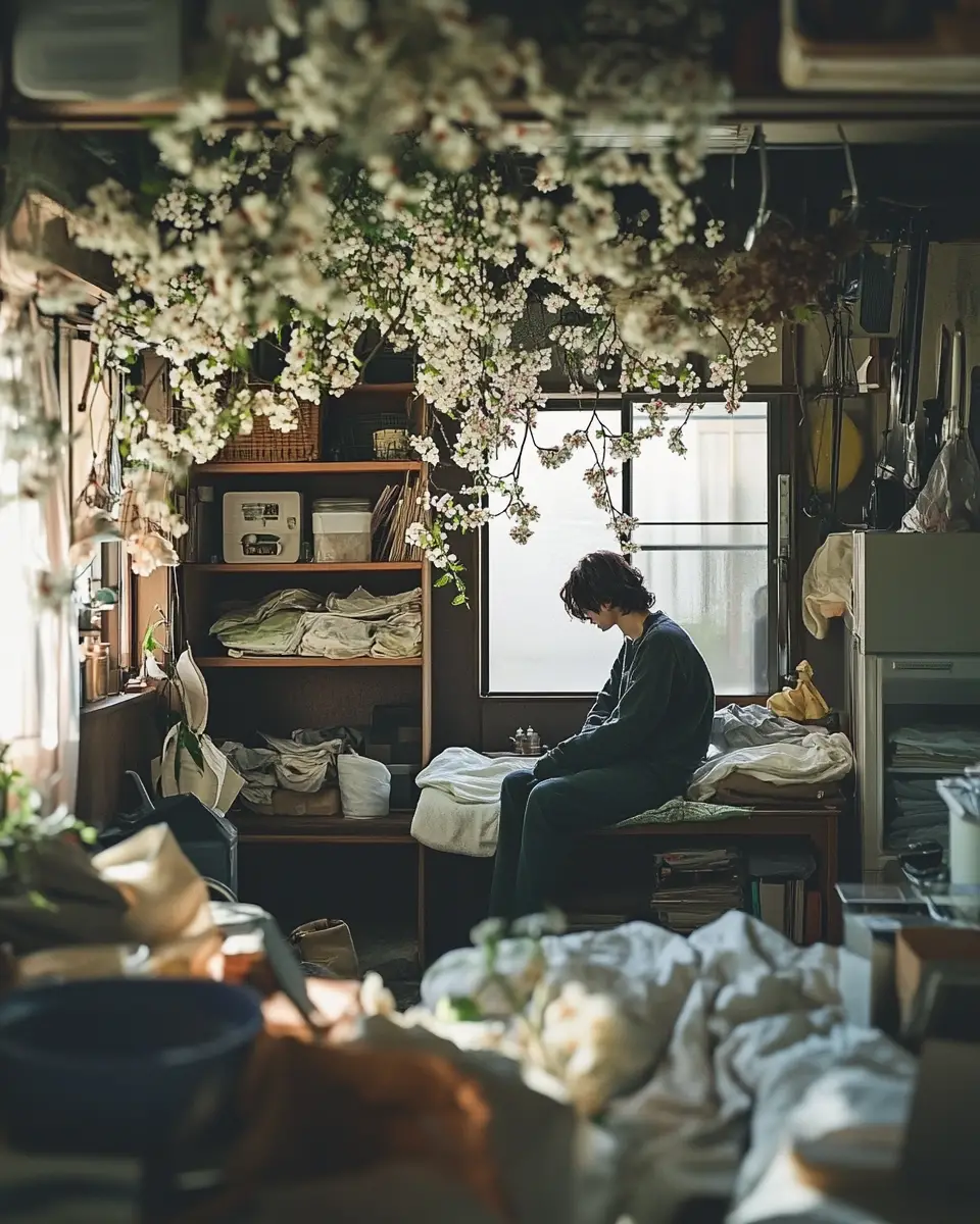 Person Among Everyday Objects And Blossoms In Natural Light