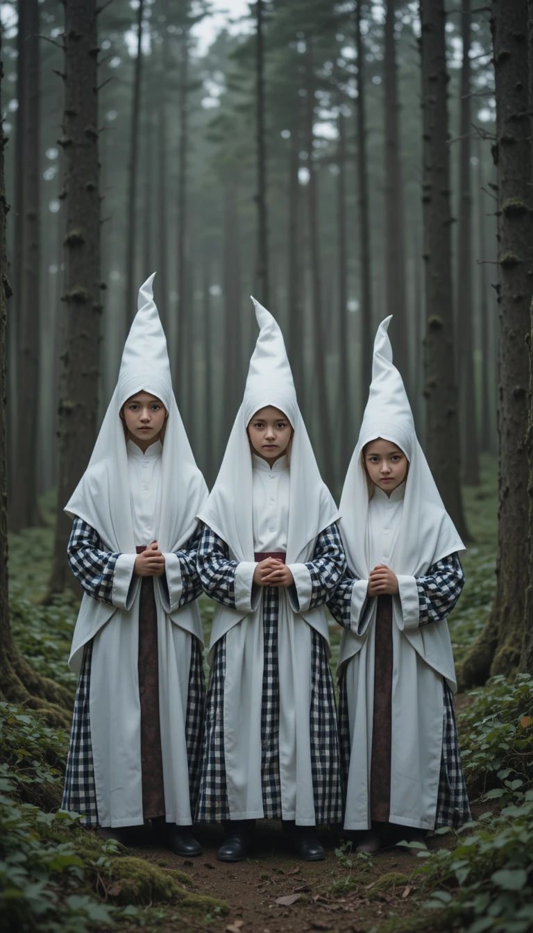 Children in pointed white hoods standing together in a forest