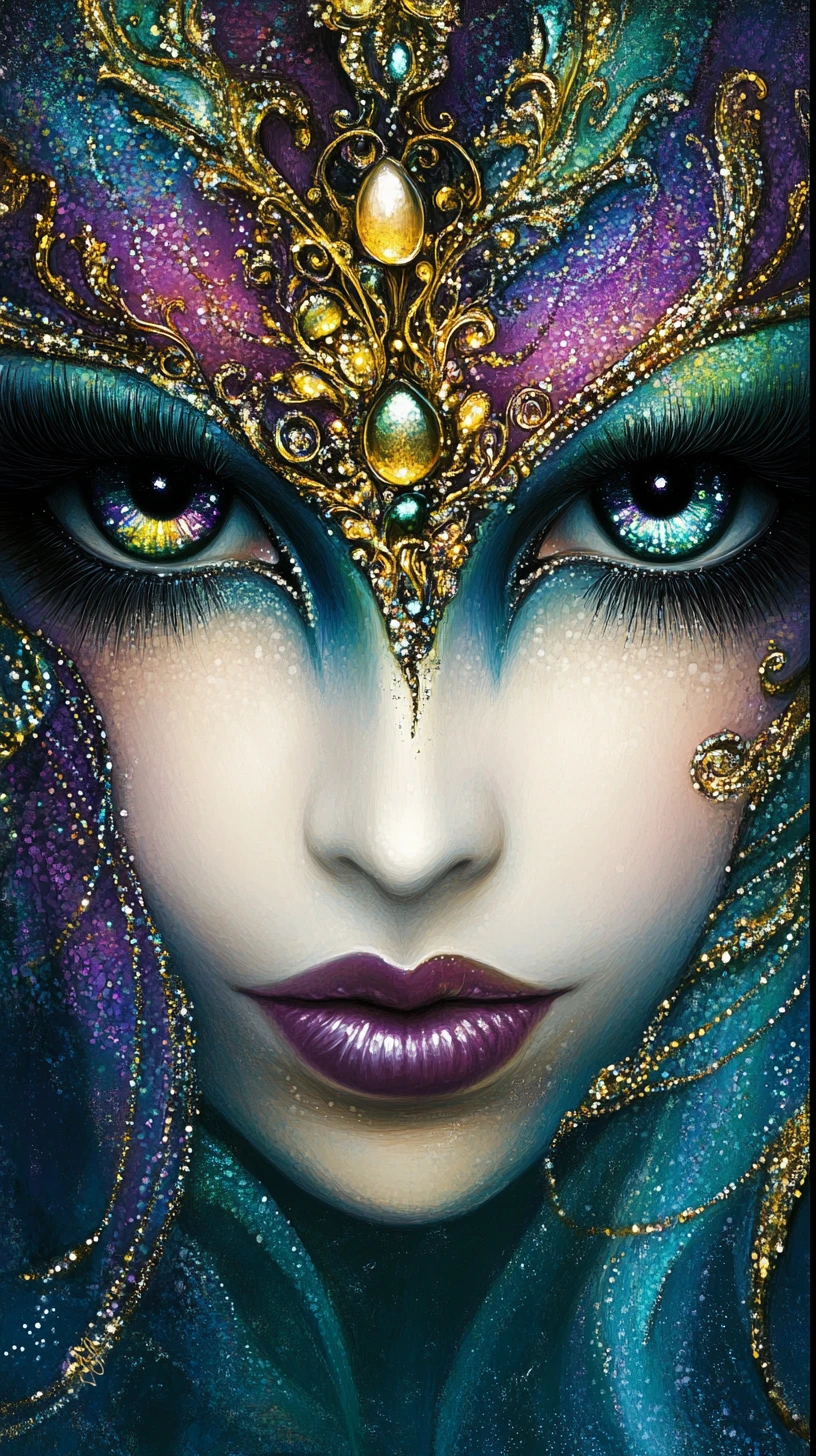 Surreal alien goddess portrait with luminous gradient eyes
