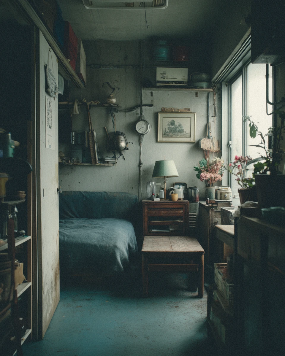 Man in small tokyo apartment with surreal drifting dust