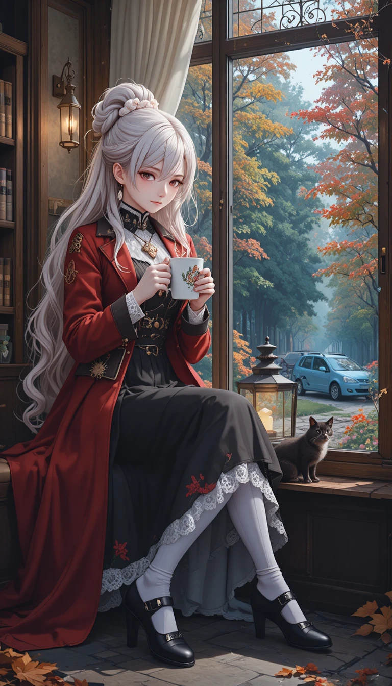Weißhaariges Anime-Mädchen im roten Mantel trinkt Kaffee im Café