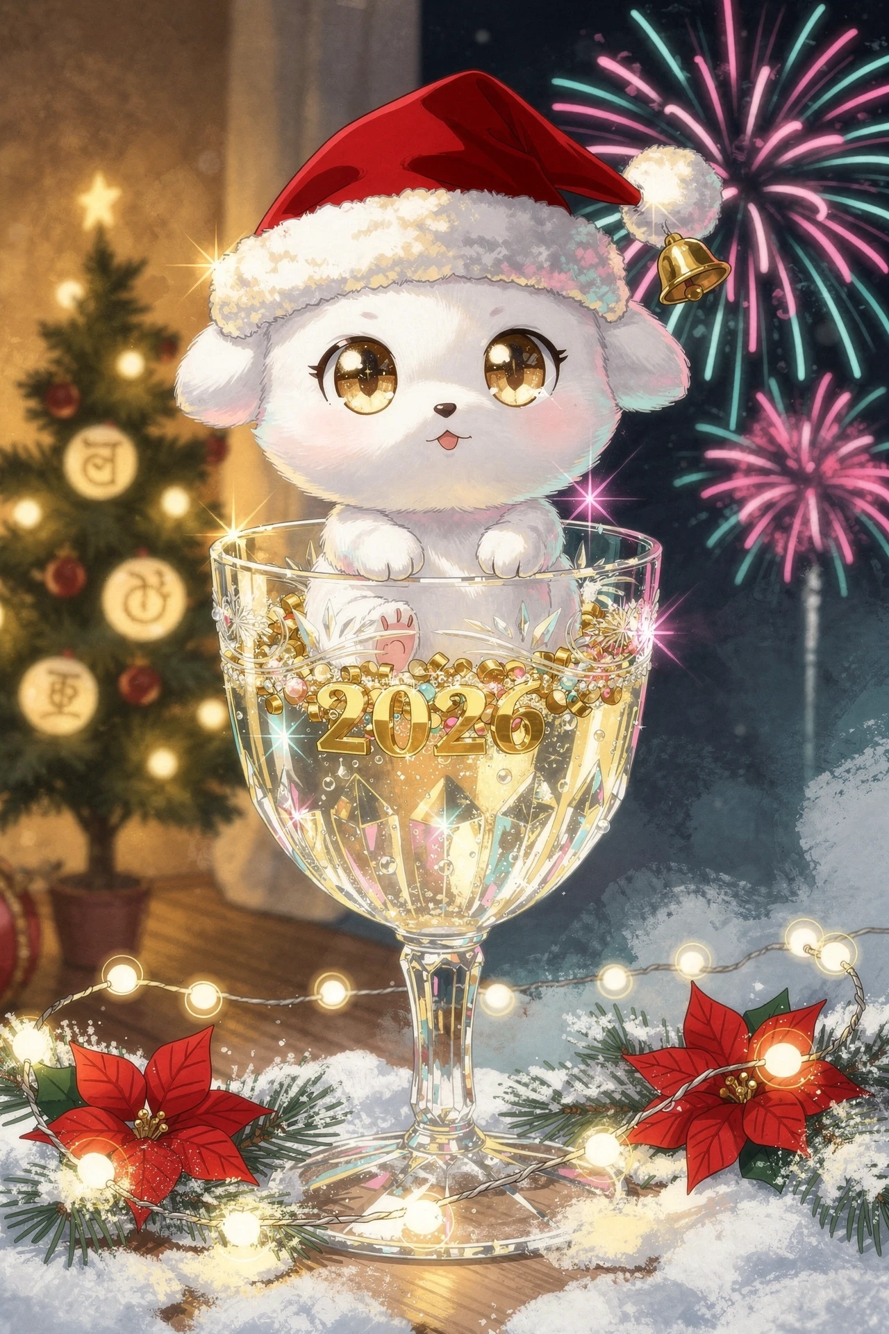Filhote chibi com gorro de Papai Noel sentado em uma taça brilhante