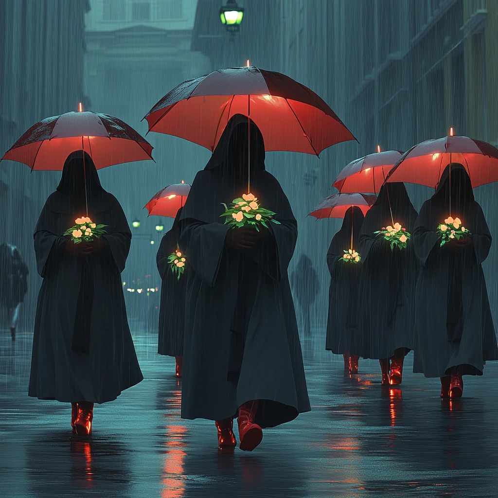 Monjas fantasiosas con botas rojas bajo paraguas florales brillantes