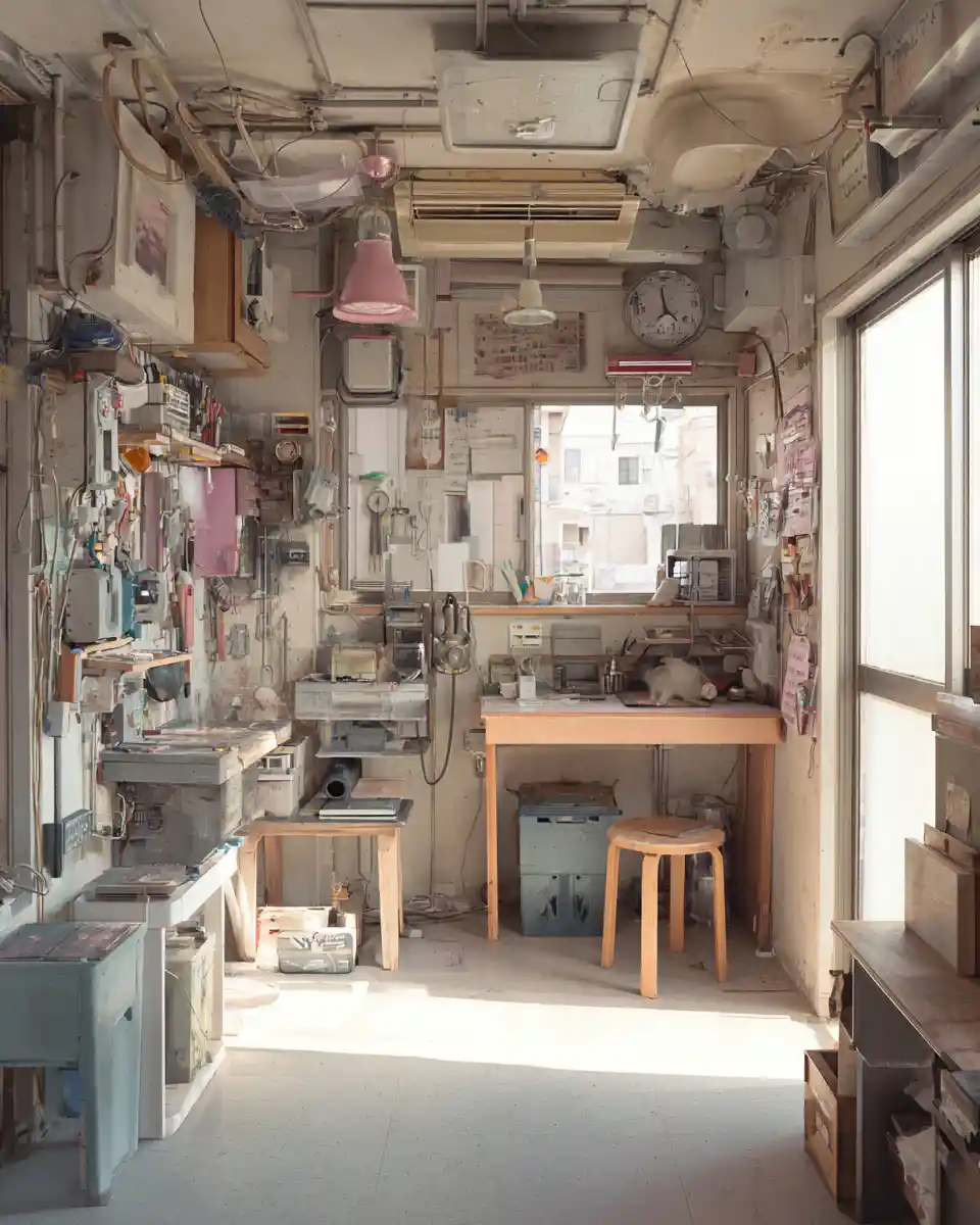 Uomo in un piccolo appartamento di Tokyo con pareti surreali che respirano
